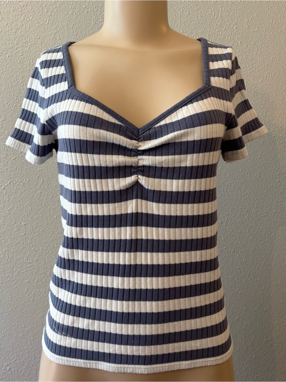 Madewell Ribbed Sweetheart Stripe Short Sleeve Tee Blue White Sz Medium